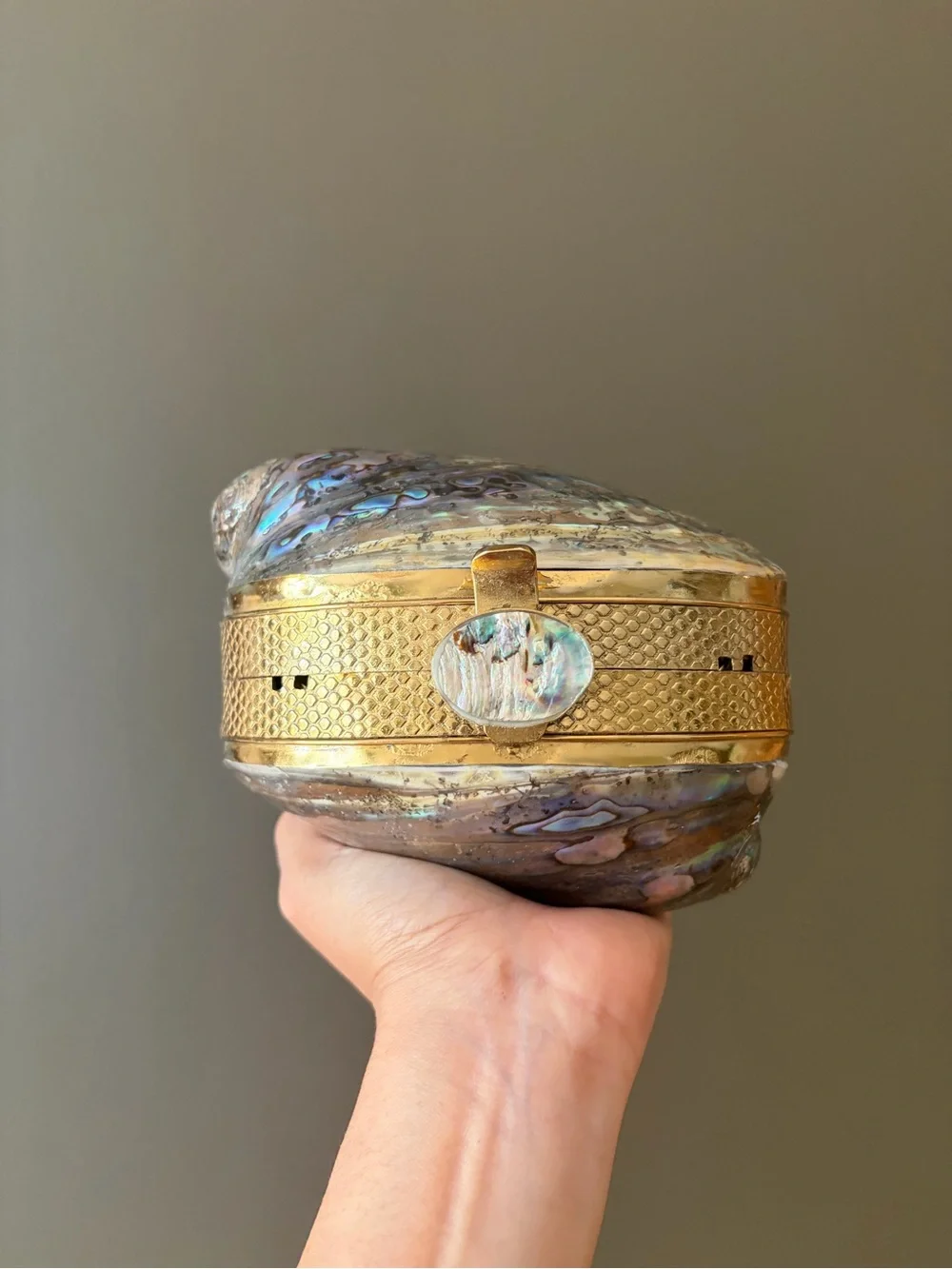 Abalone Shell Clutch Wristlet — Iridescent Blue-Green Metallic